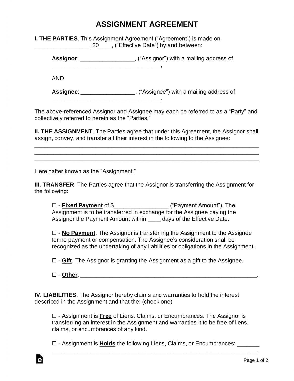 Free Assignment Agreement Forms (12) | Samples - PDF | Word – eForms