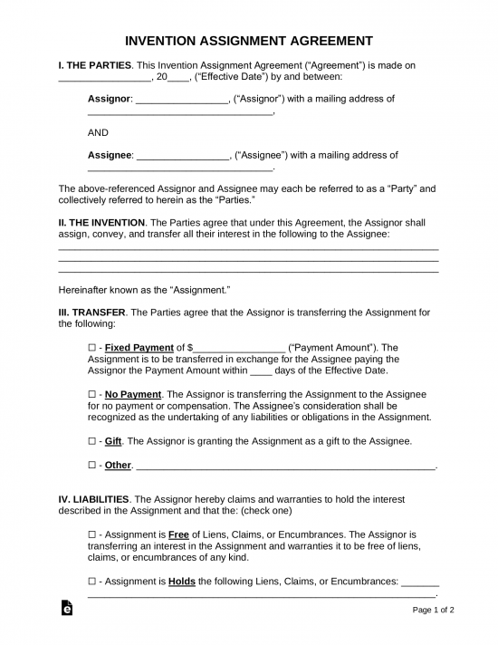 Free Invention Assignment Agreement - PDF | Word – eForms