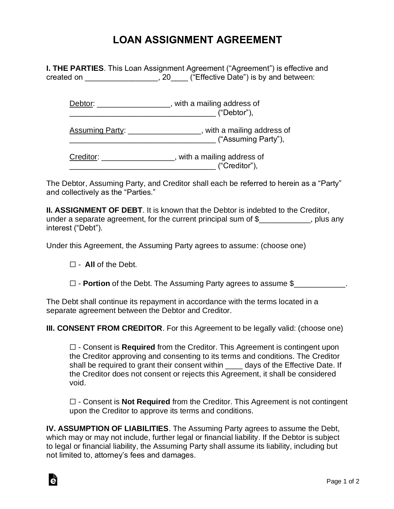 Free Loan Assignment Agreement Template PDF Word EForms