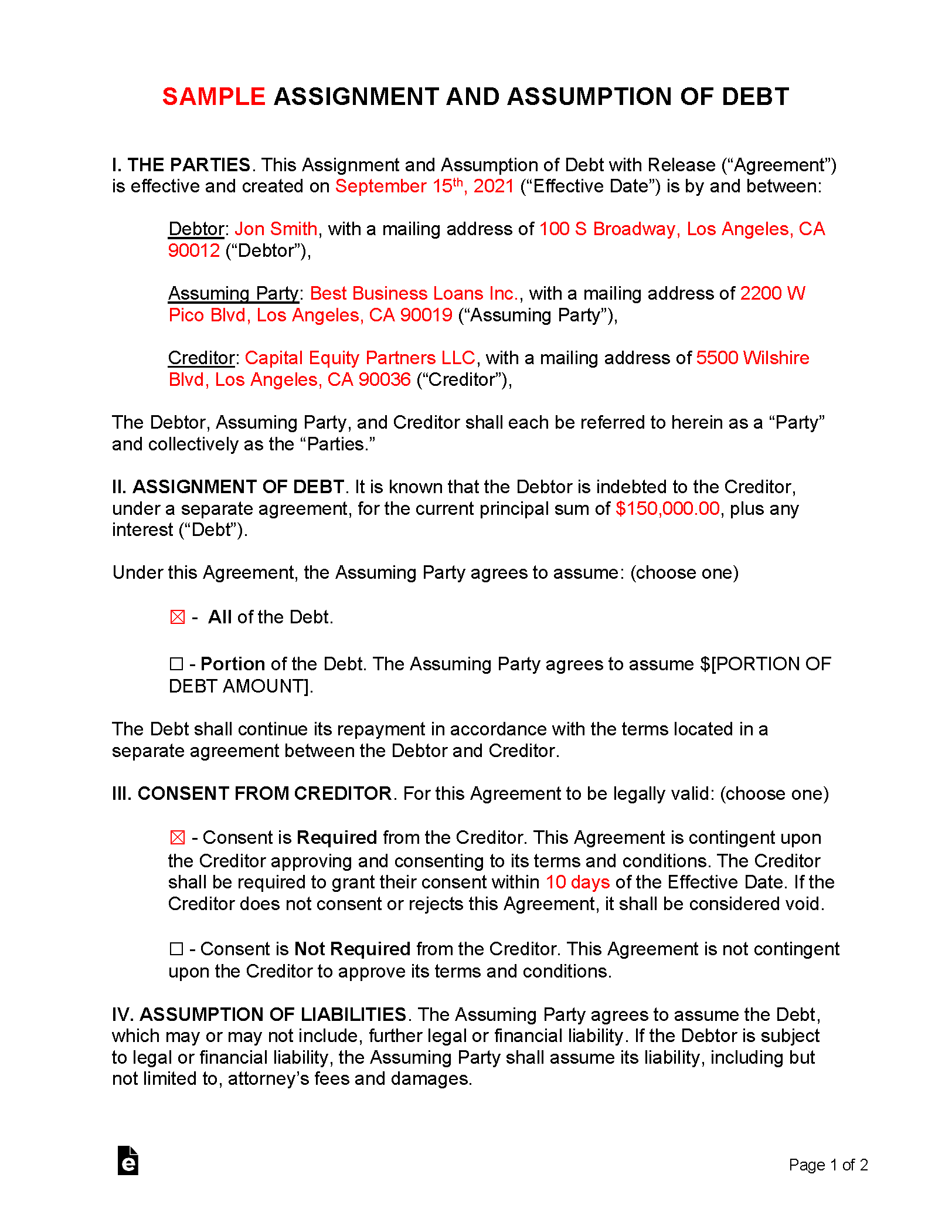 assignment of debt under resolution plan