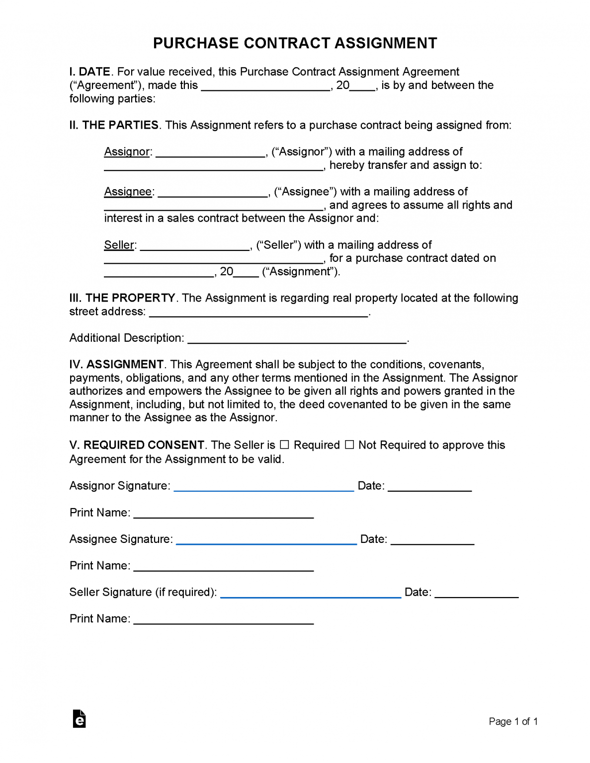 Free Purchase Contract Assignment Form - PDF | Word – eForms