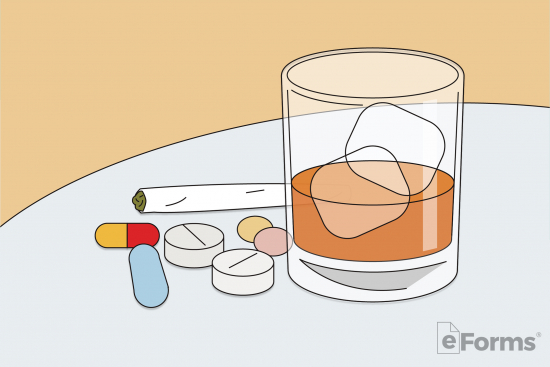 glass of liquor next to pills and joint