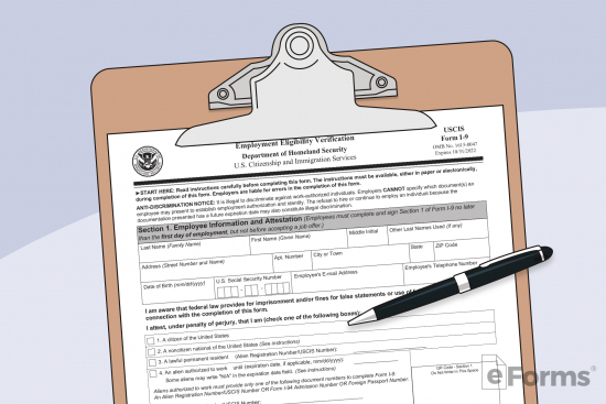 closeup of I9 employment eligibility verification form on clipboard