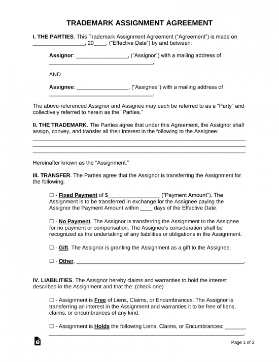 Free Trademark Assignment Agreement | Sample - PDF | Word – eForms