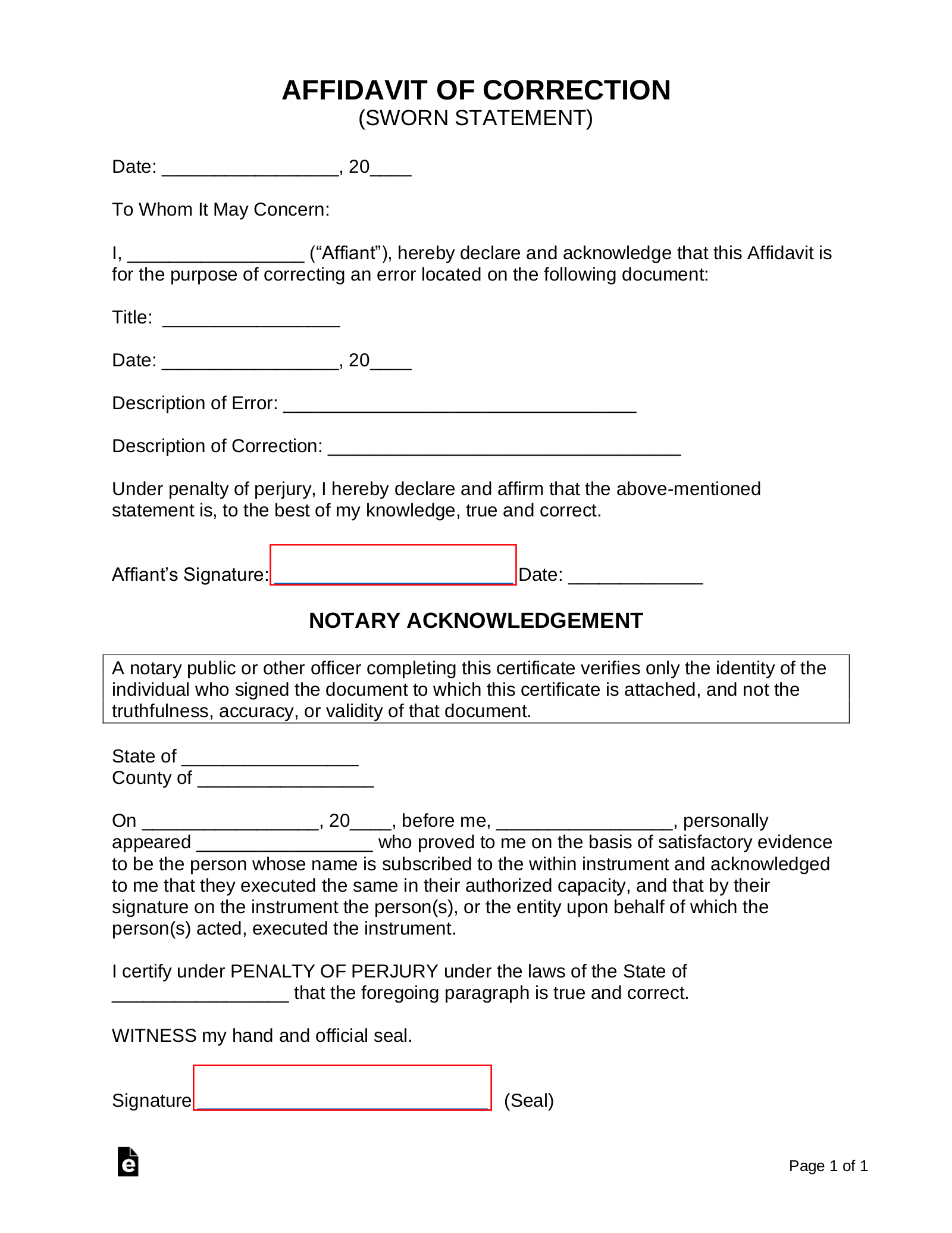 Affidavit of Correction Form