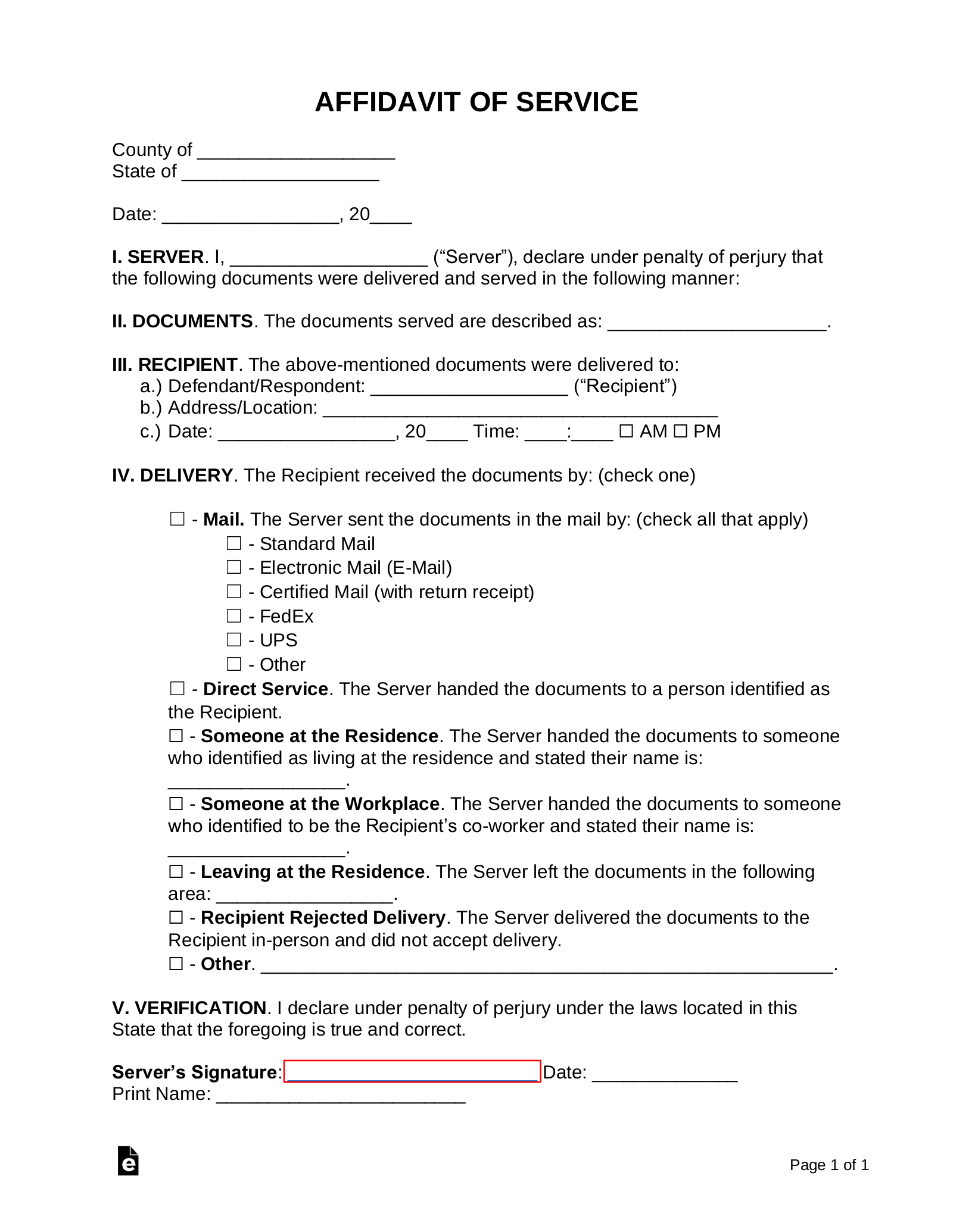 Affidavit (Certificate) of Service Form