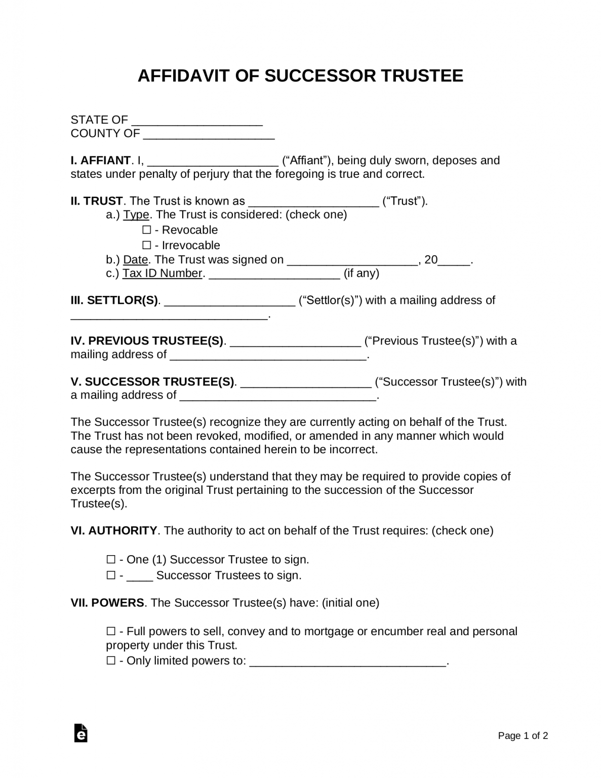 Free Affidavit Of Successor Trustee Form Pdf Word Eforms