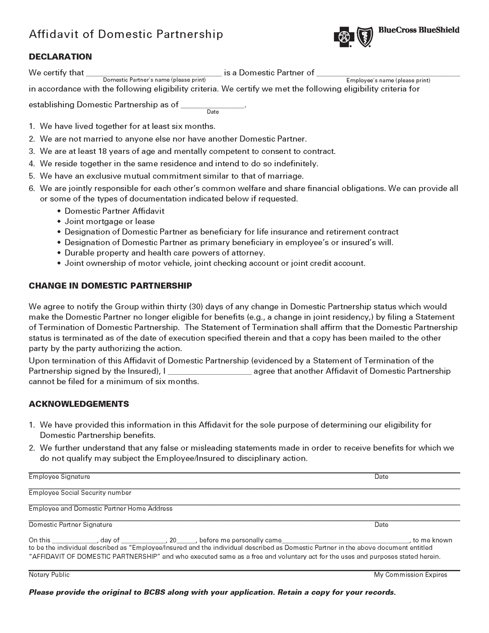 Free Domestic Partner Affidavit - PDF | Word – EForms