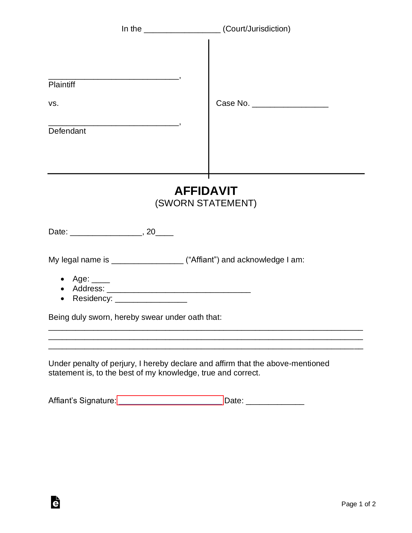 Free Court Affidavit Form Sworn Statement Pdf Word Eforms