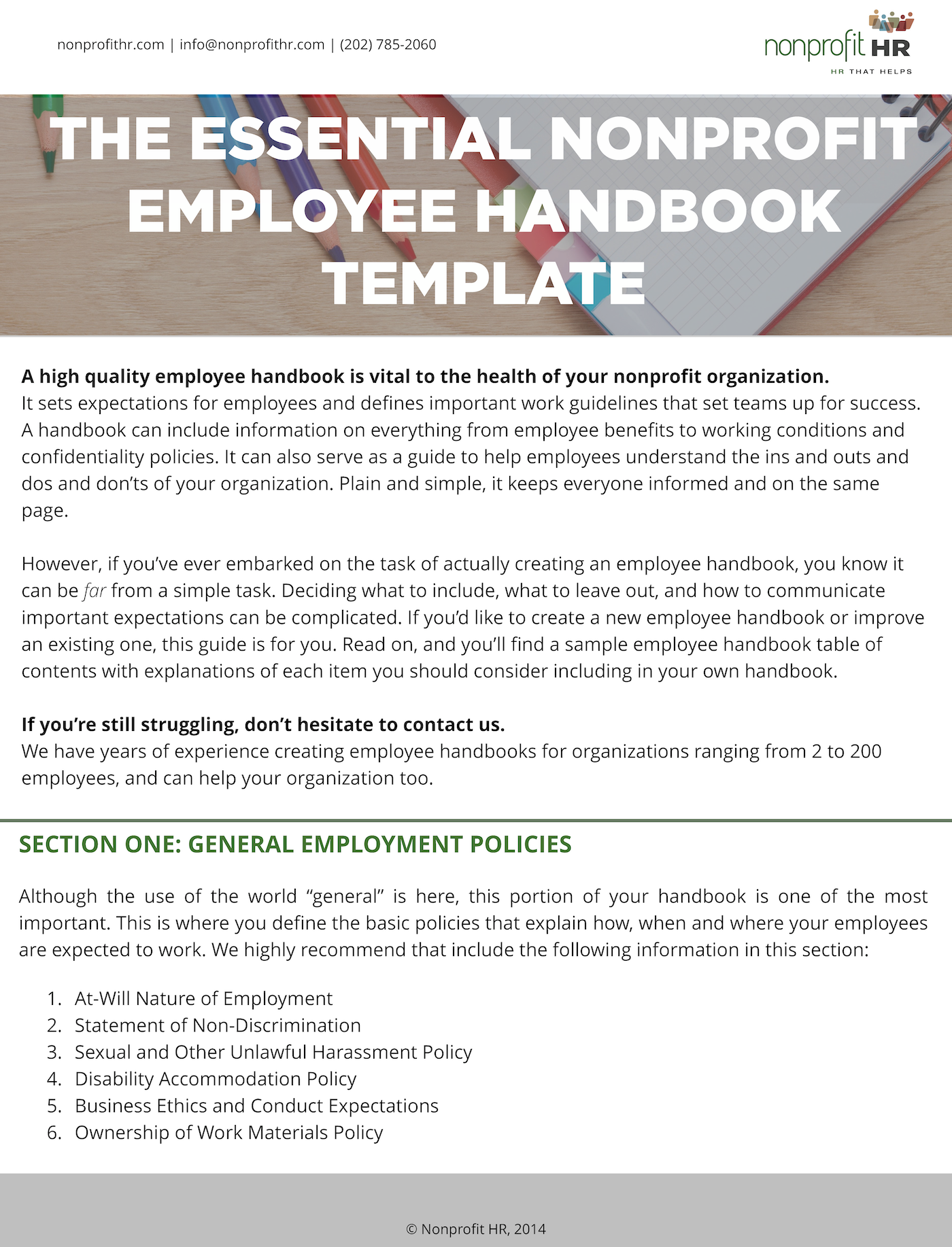 Free Non Profit Organization Employee Handbook Template Sample PDF