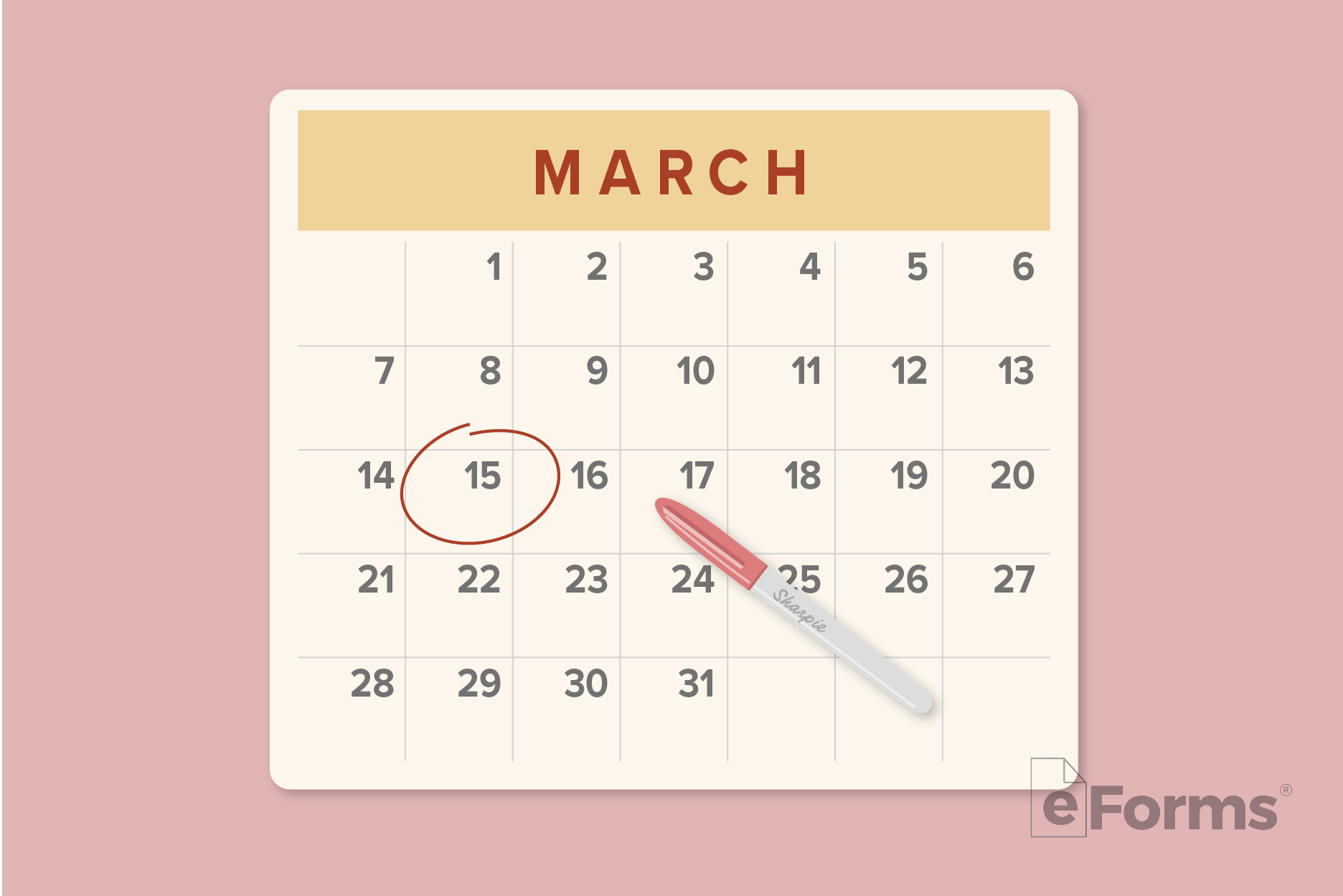 Monthly calendar with the 15th circled with pen.