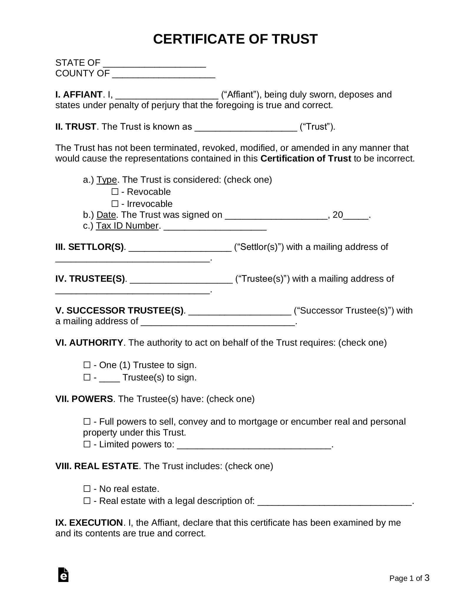 Certificate of Trust Form