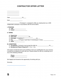 Free Independent Contractor (1099) Offer Letter Template Sample PDF
