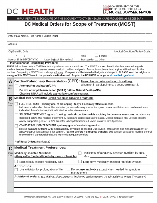 Washington D.C. Medical Orders for Scope of Treatment (MOST) Form