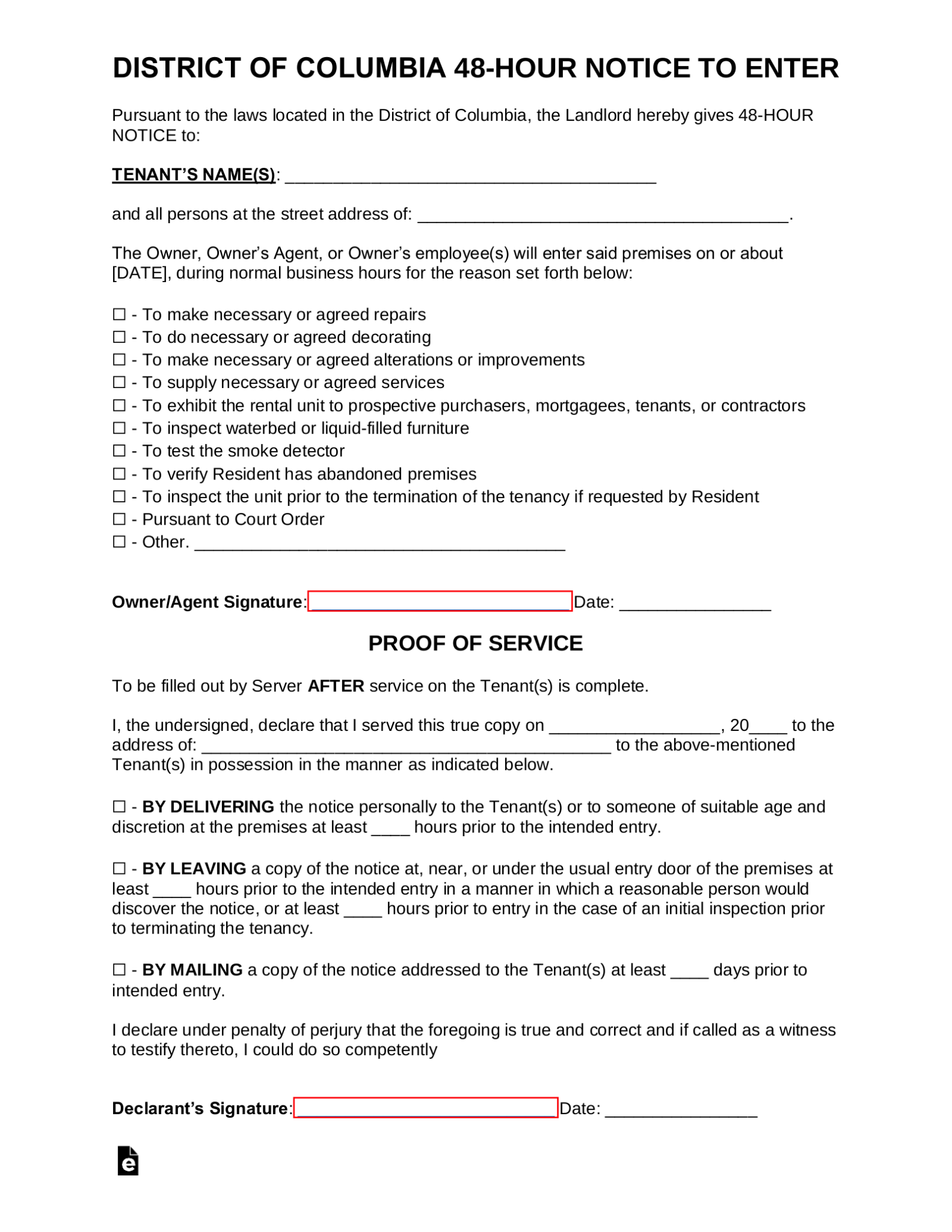 Free Washington, D.C. 48-Hour Landlord Notice to Enter Form - PDF ...