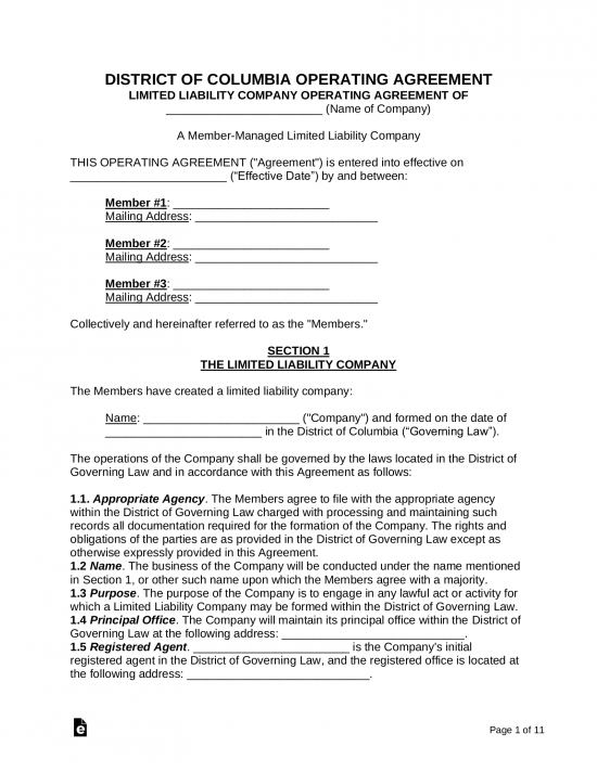 Washington DC Multi-Member LLC Operating Agreement Form