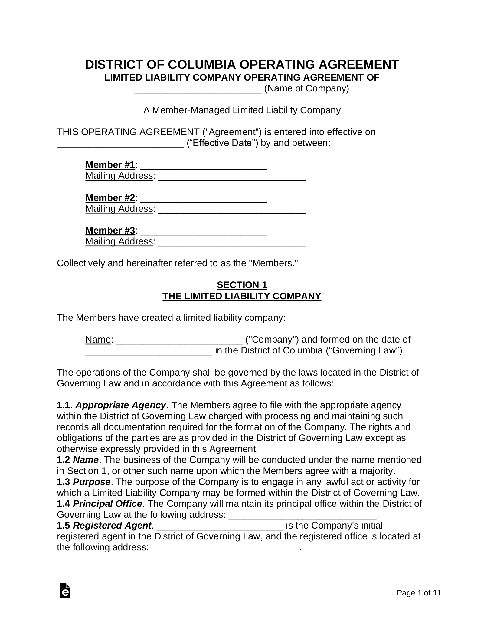 Washington DC Multi-Member LLC Operating Agreement Form