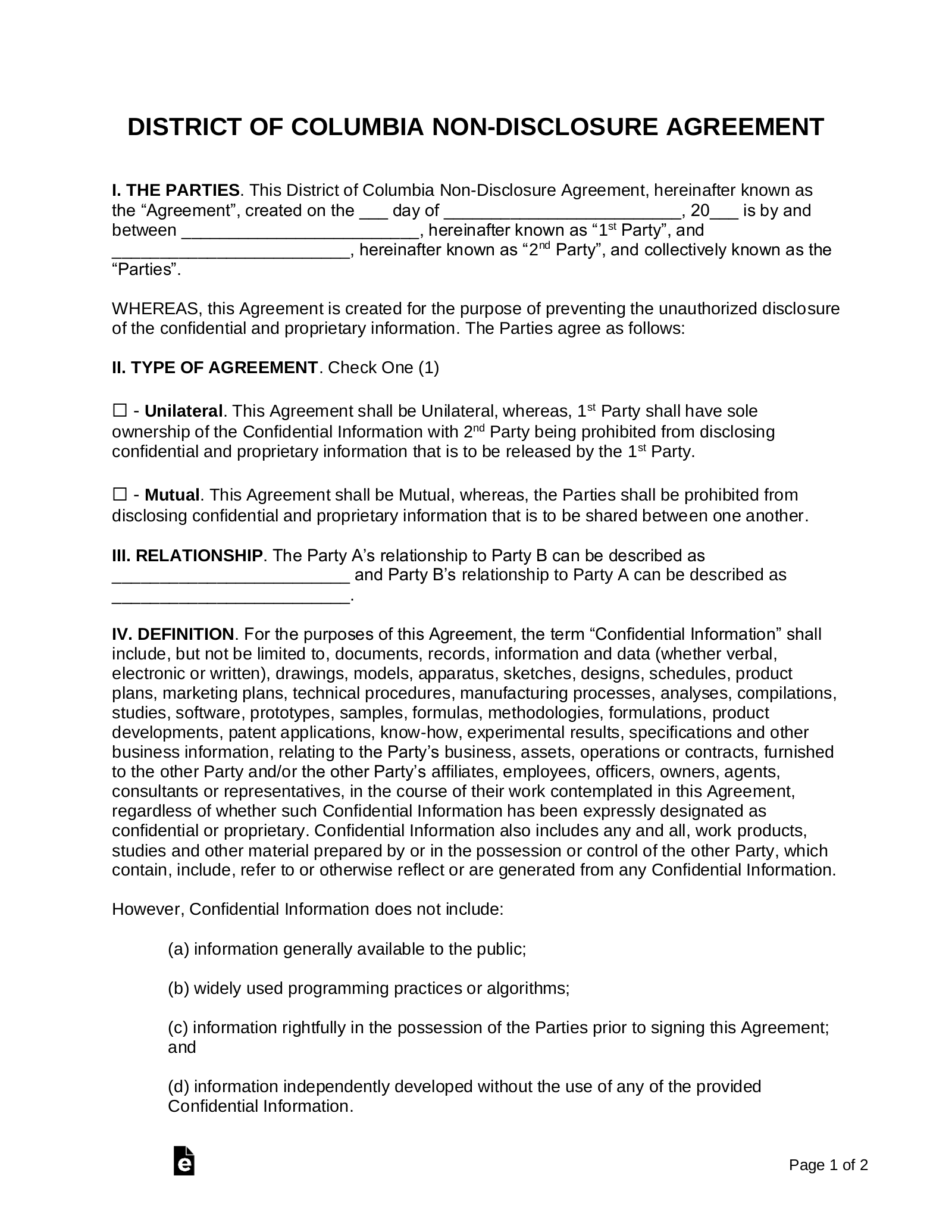 Washington D.C. Non-Disclosure Agreement (NDA)