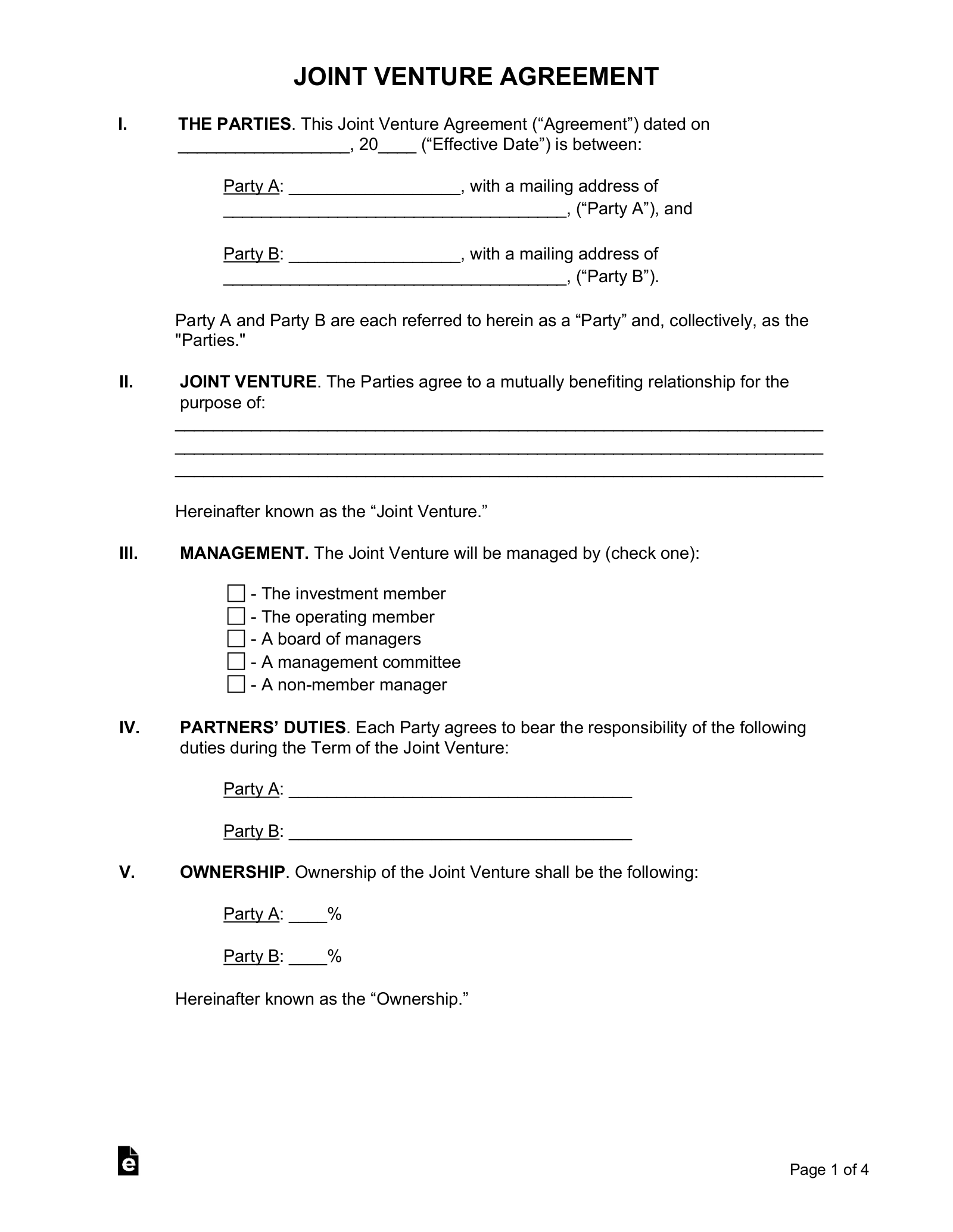 Joint Venture Agreement Template