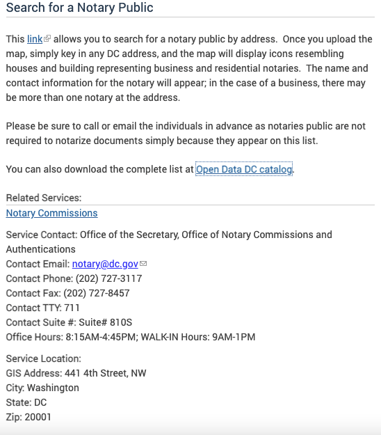 washington dc search page for notary public