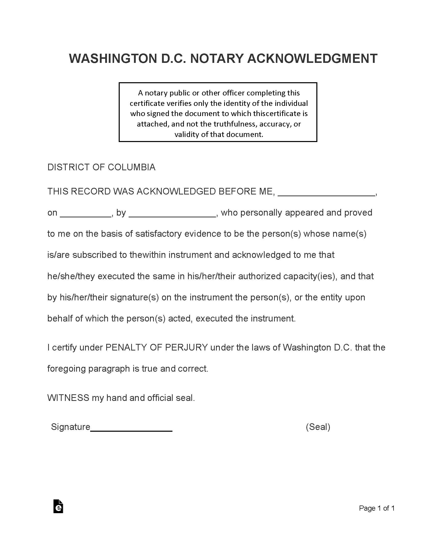 Washington D.C. Notary Acknowledgement Form
