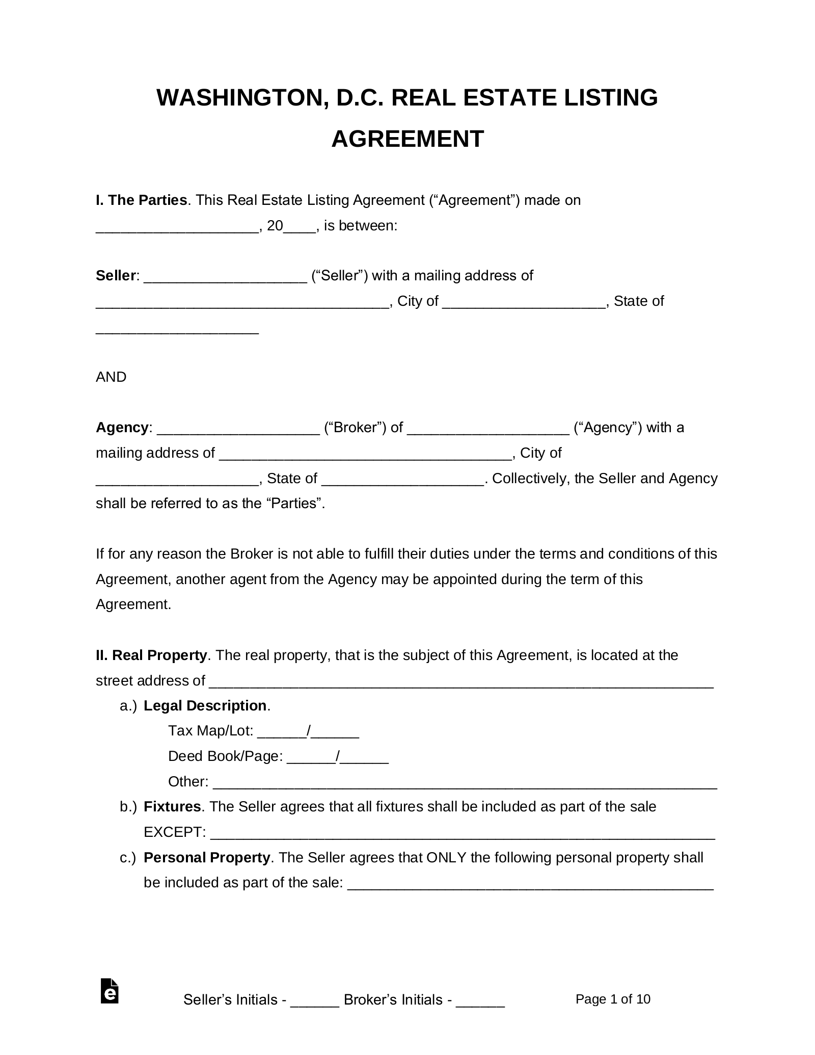 Free Washington D C Real Estate Agent Listing Agreement PDF Word 