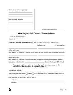 Washington D.C. General Warranty Deed Form