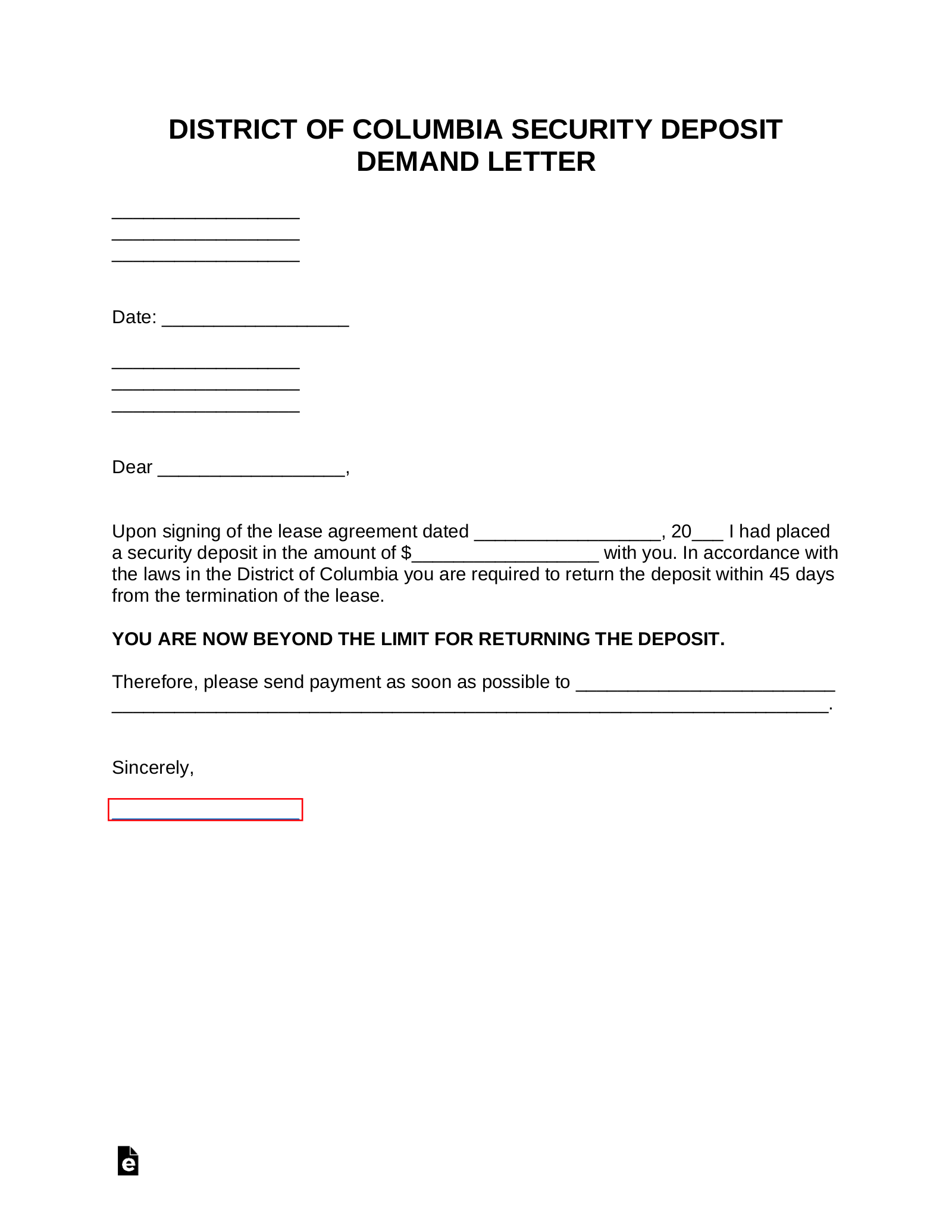 Washington D.C. Security Deposit Demand Letter