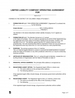 Washington DC Single-Member LLC Operating Agreement Form