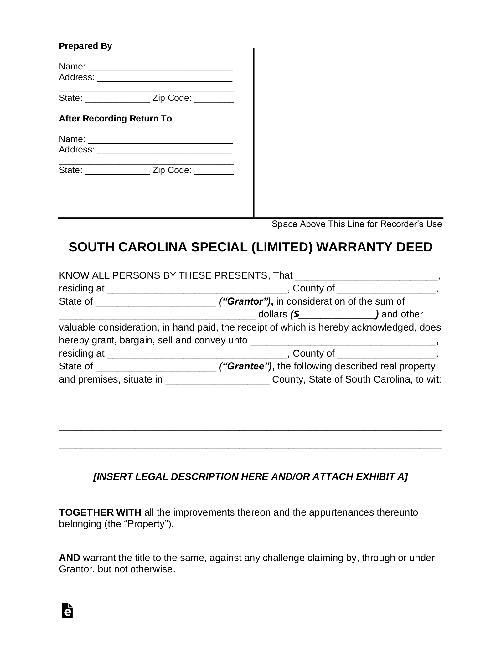 South Carolina Special Warranty Deed Form