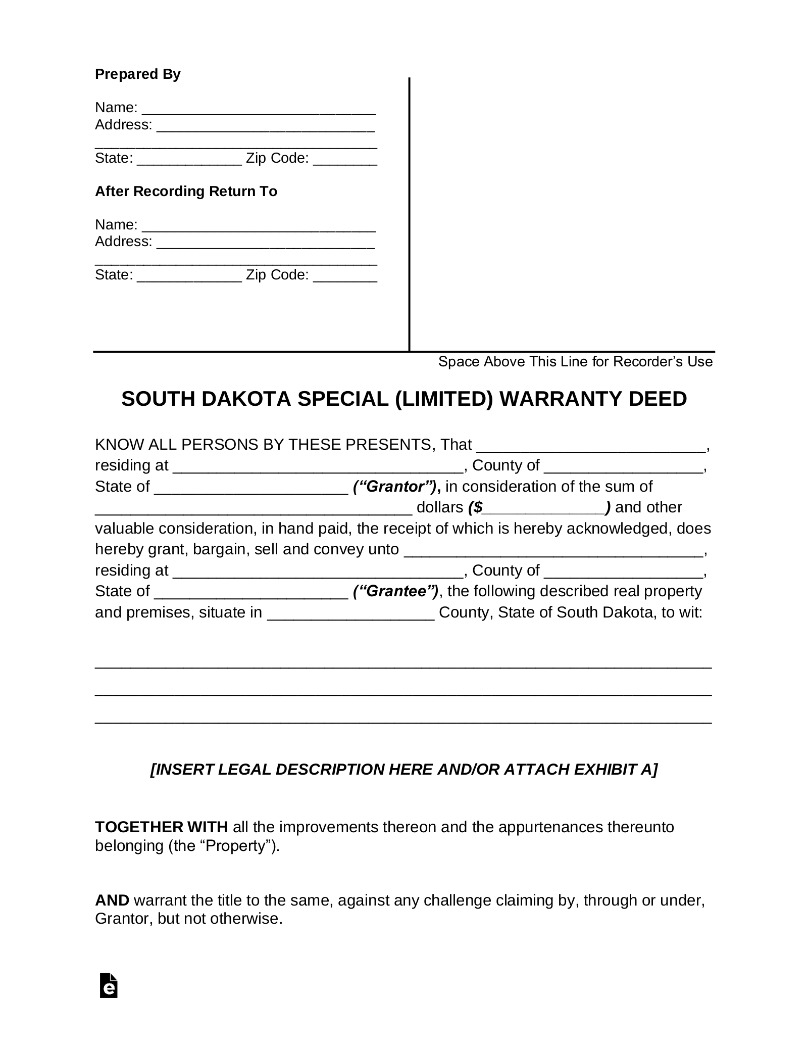South Dakota Special Warranty Deed Form