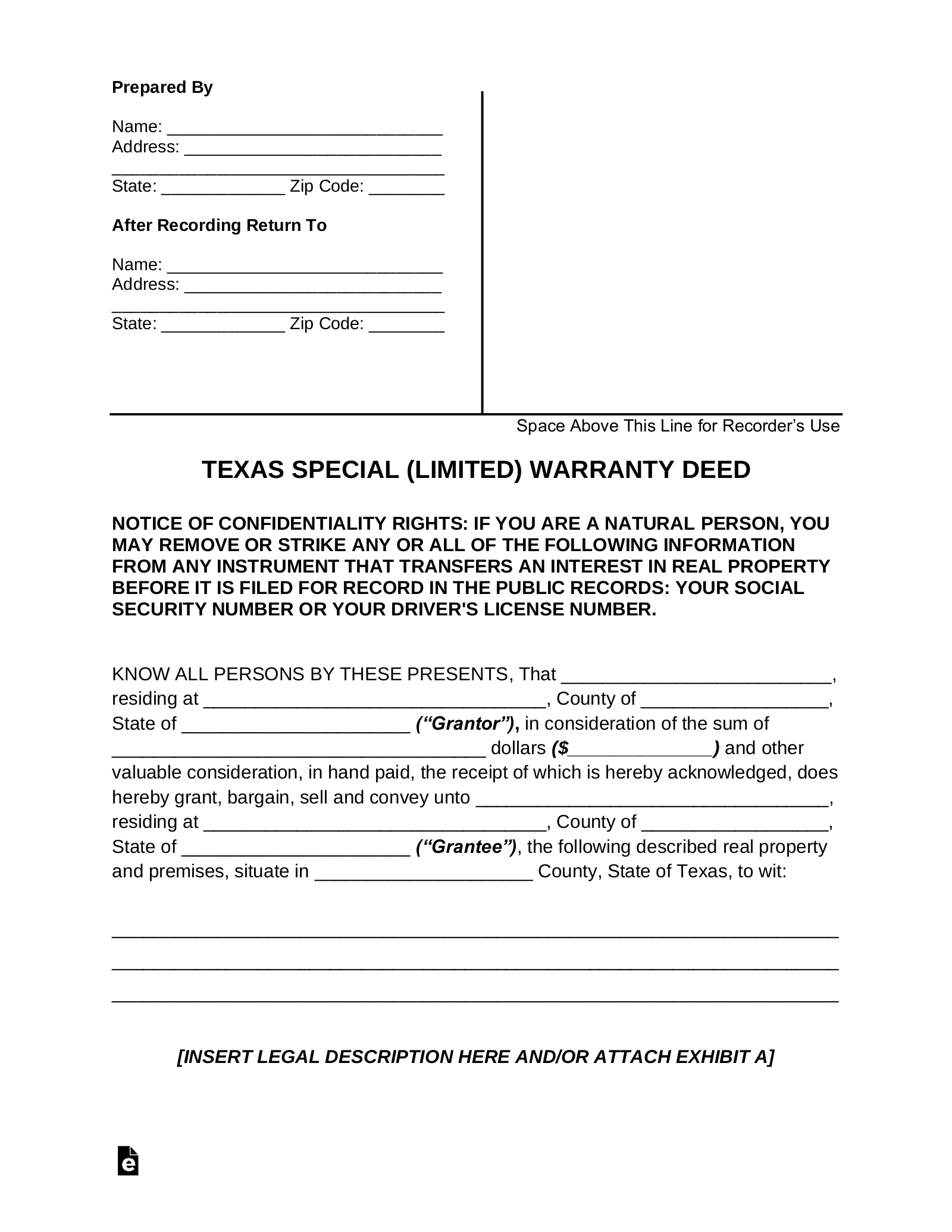 Free Texas Special Warranty Deed Form PDF Word eForms