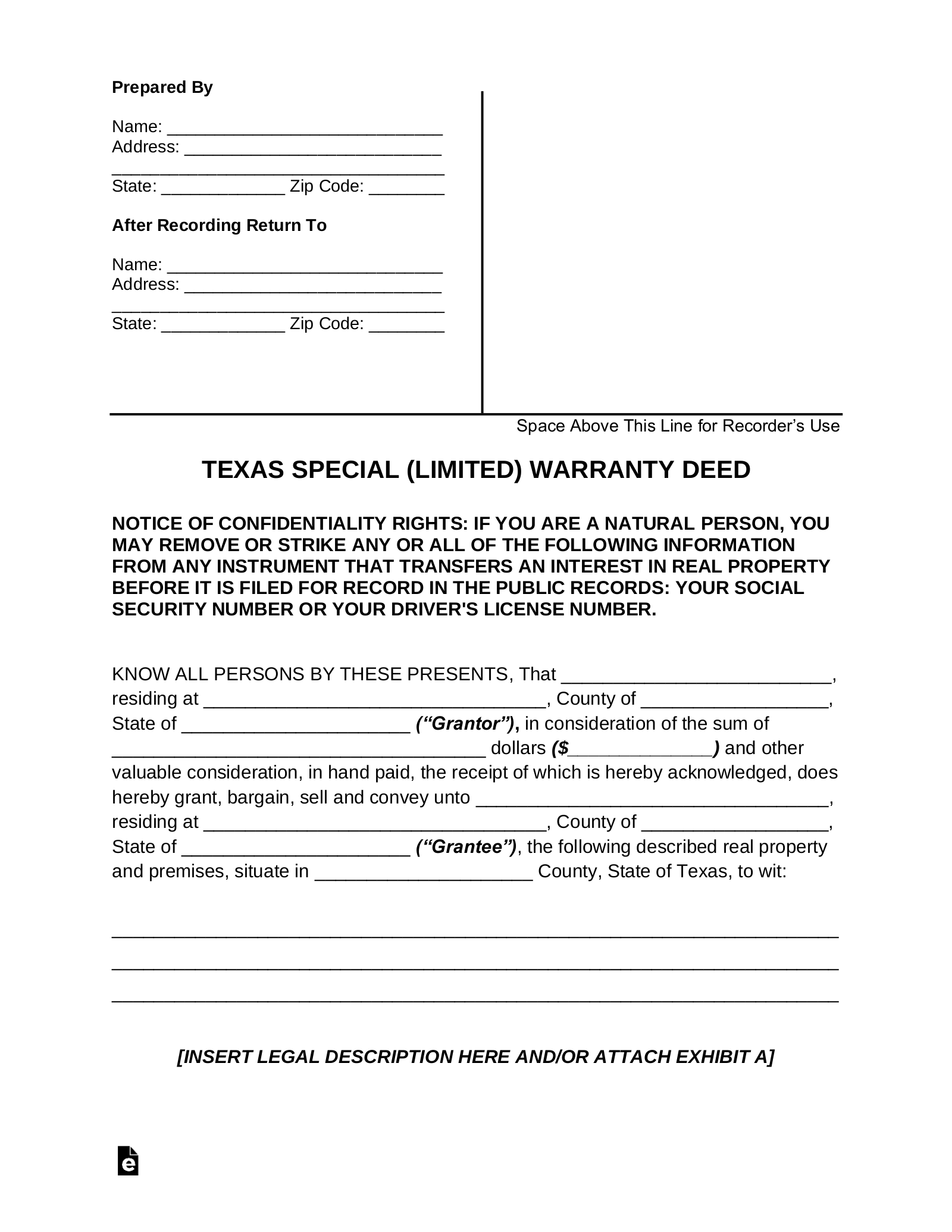 Free Texas Special Warranty Deed Form PDF Word EForms