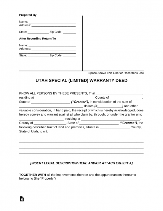 Utah Special Warranty Deed