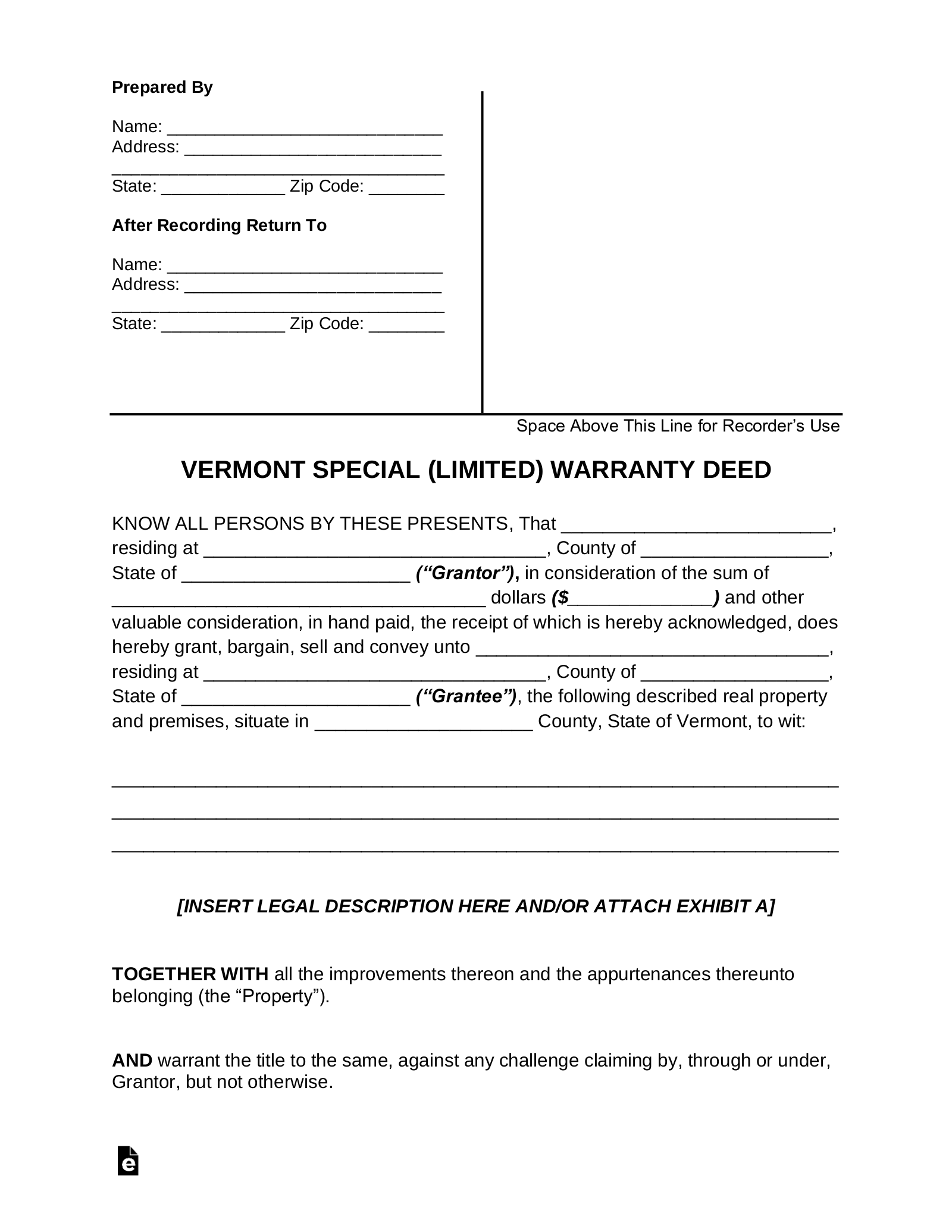 Vermont Special Warranty Deed Form