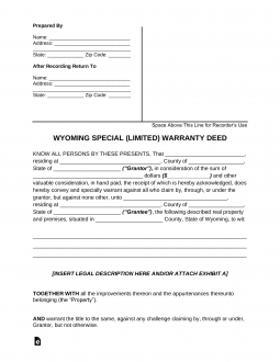 Wyoming Special Warranty Deed Form