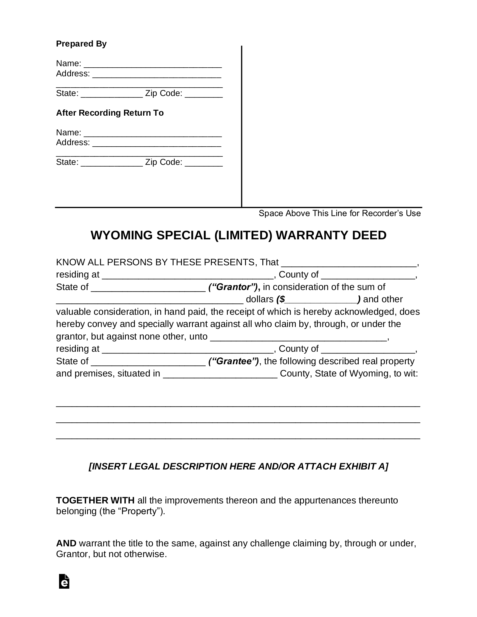 Wyoming Special Warranty Deed Form