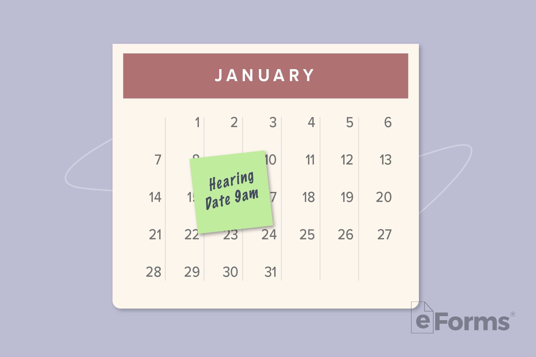 Calendar with Post-It note with "Hearing Date 9am" written upon it. 