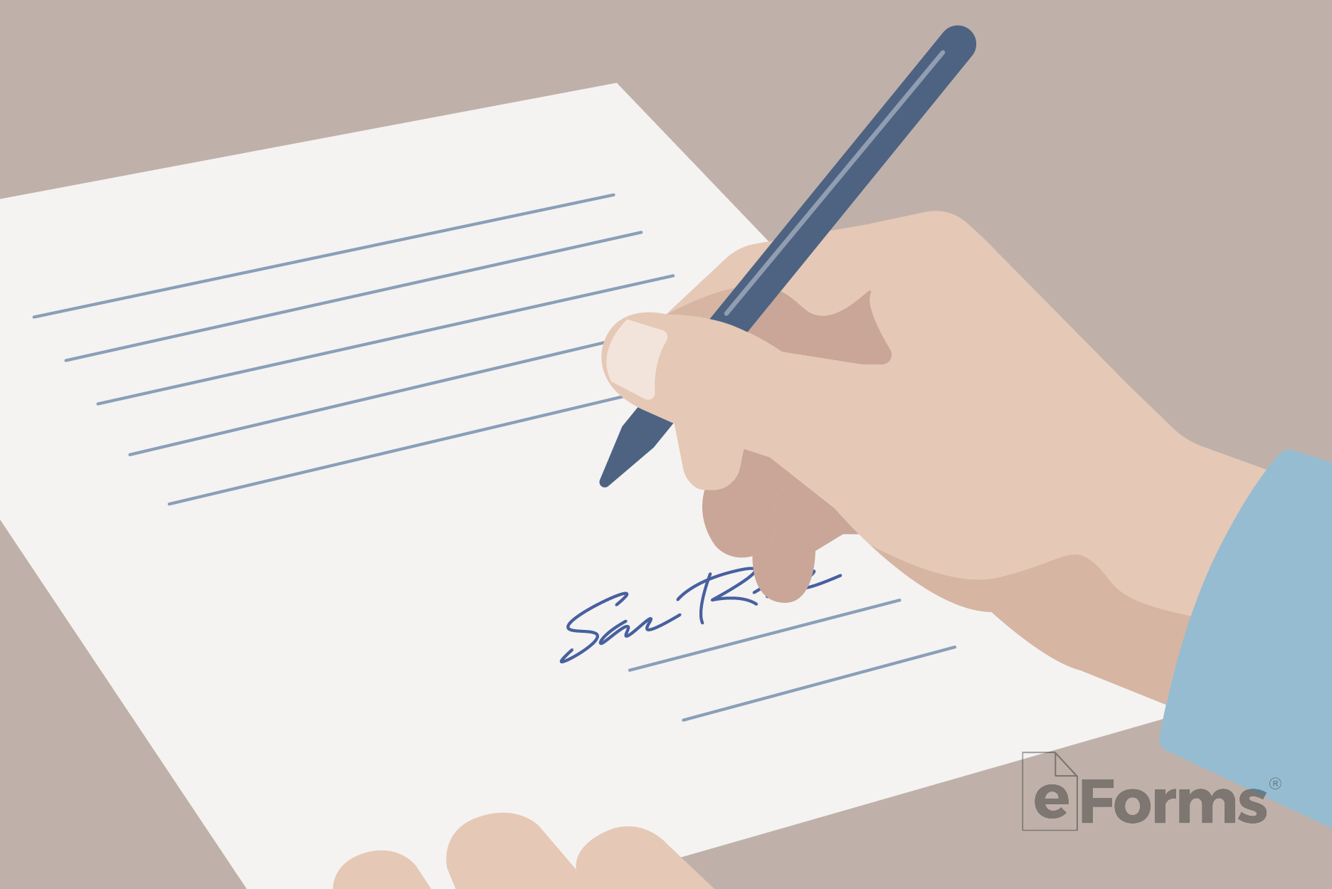 Form on tabletop with hand holding pen signing name.