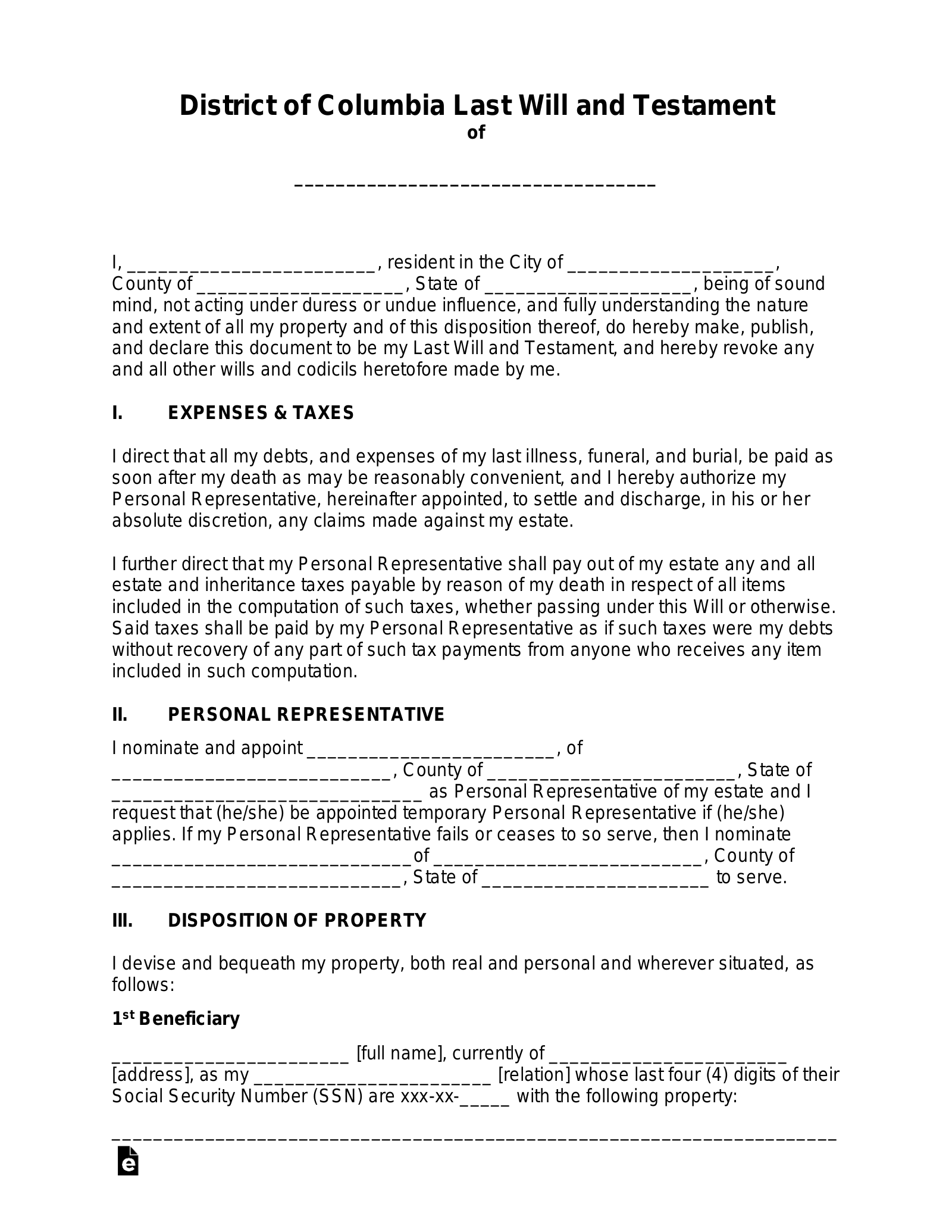 Washington D.C. Last Will and Testament