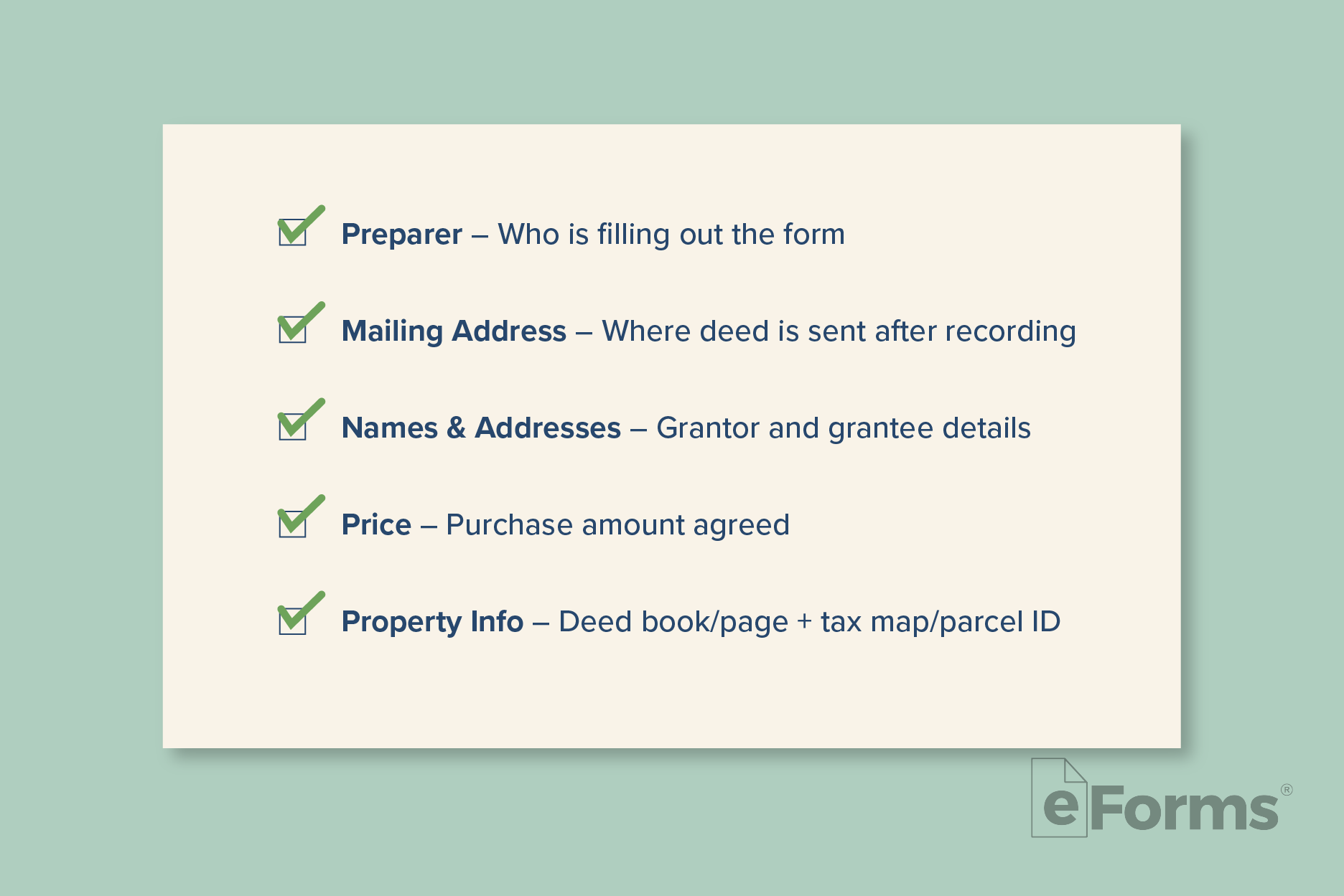 Checklist on a card with required information.