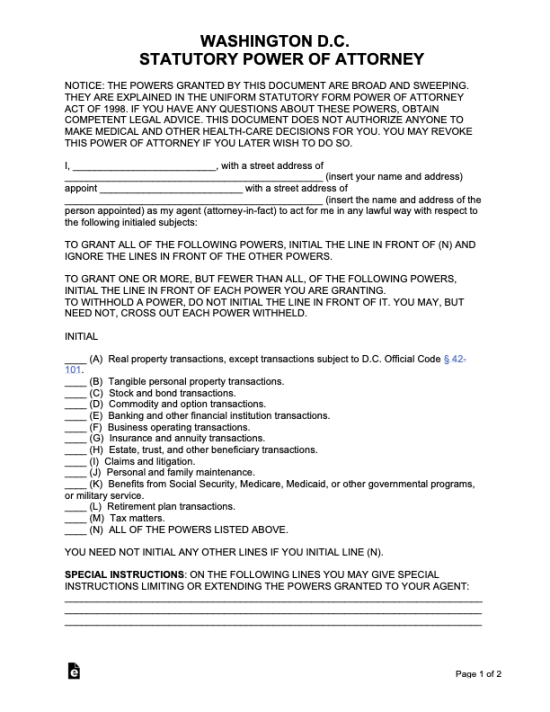 Washington D.C. Last Will and Testament Template – eForms