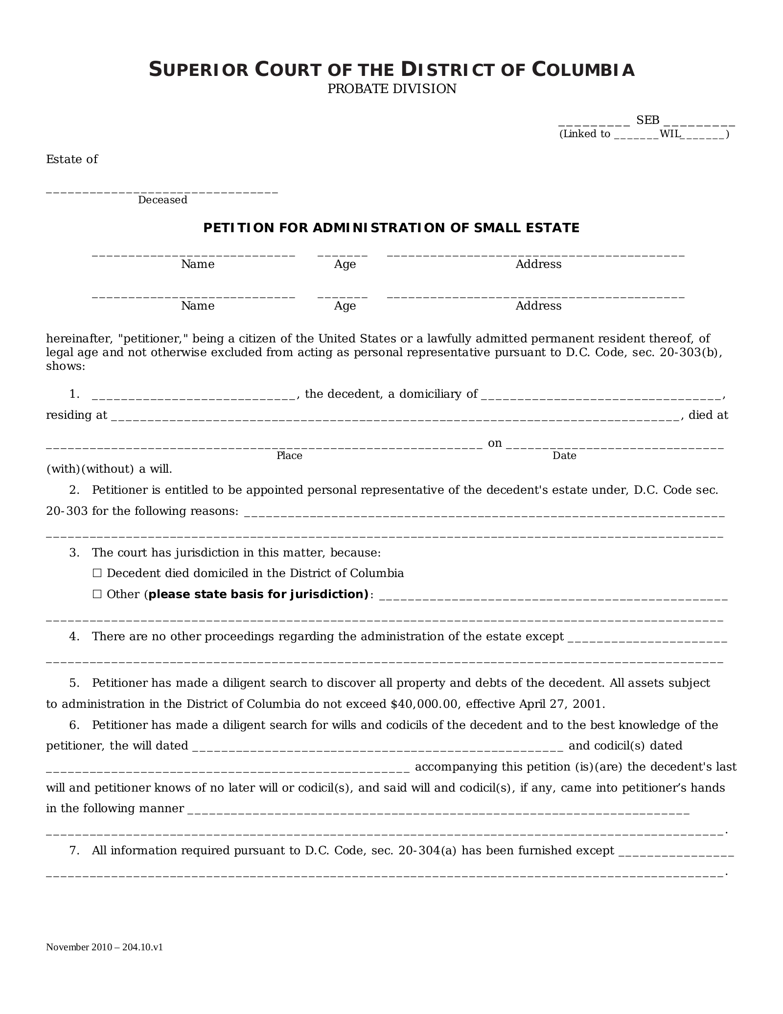 Washington D.C. Small Estate Affidavit Form