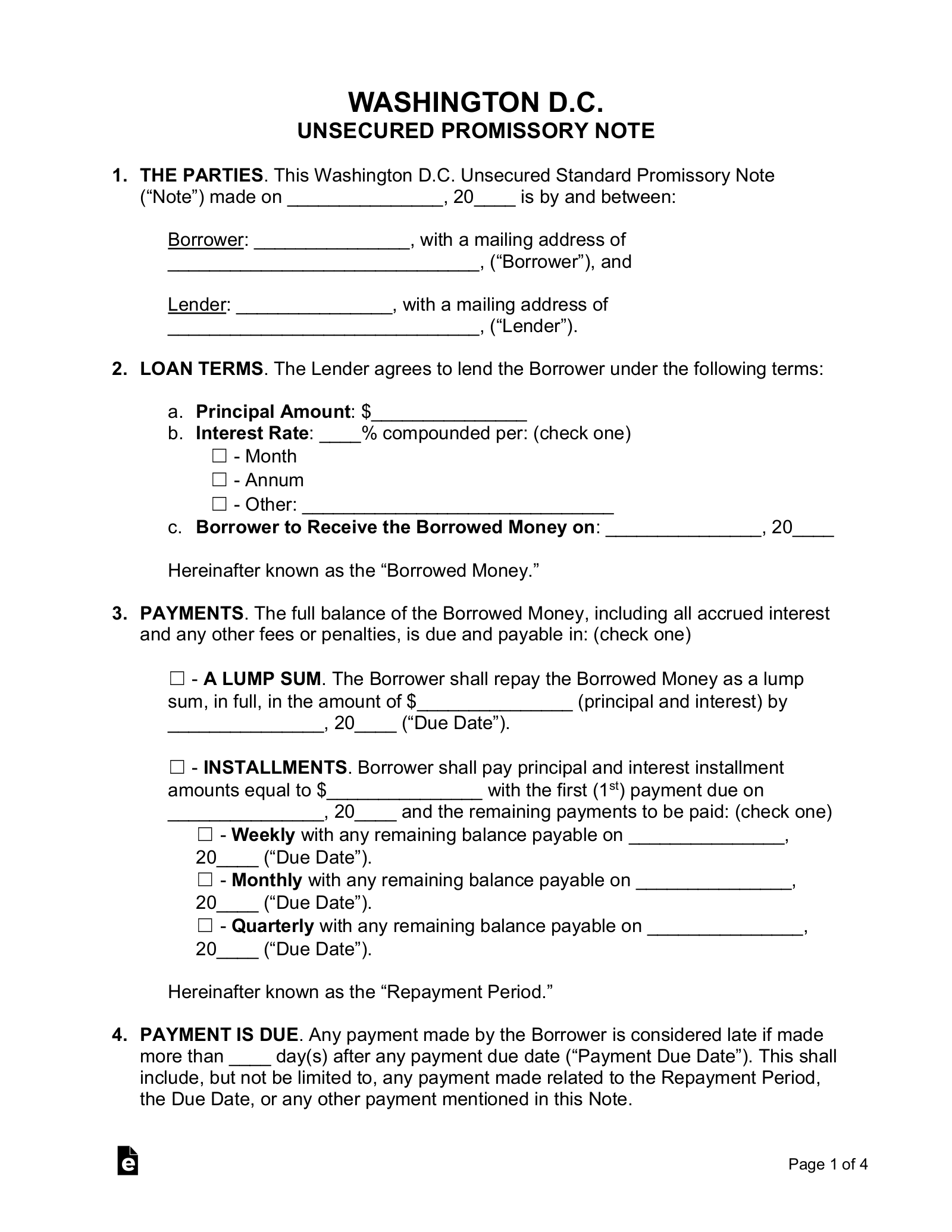 Washington D.C. Unsecured Promissory Note Template