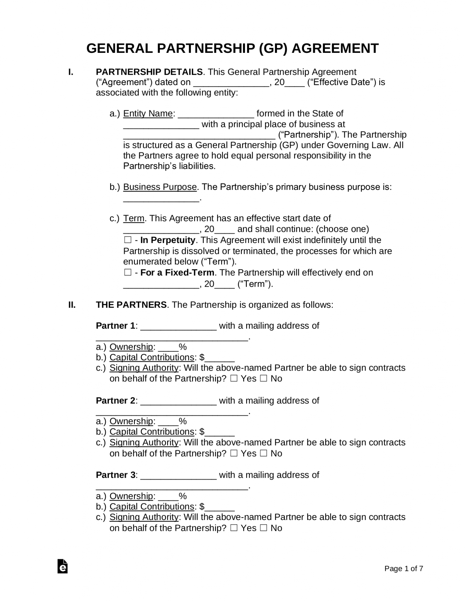 Free General Partnership Gp Agreement Template Pdf Word Eforms 6103