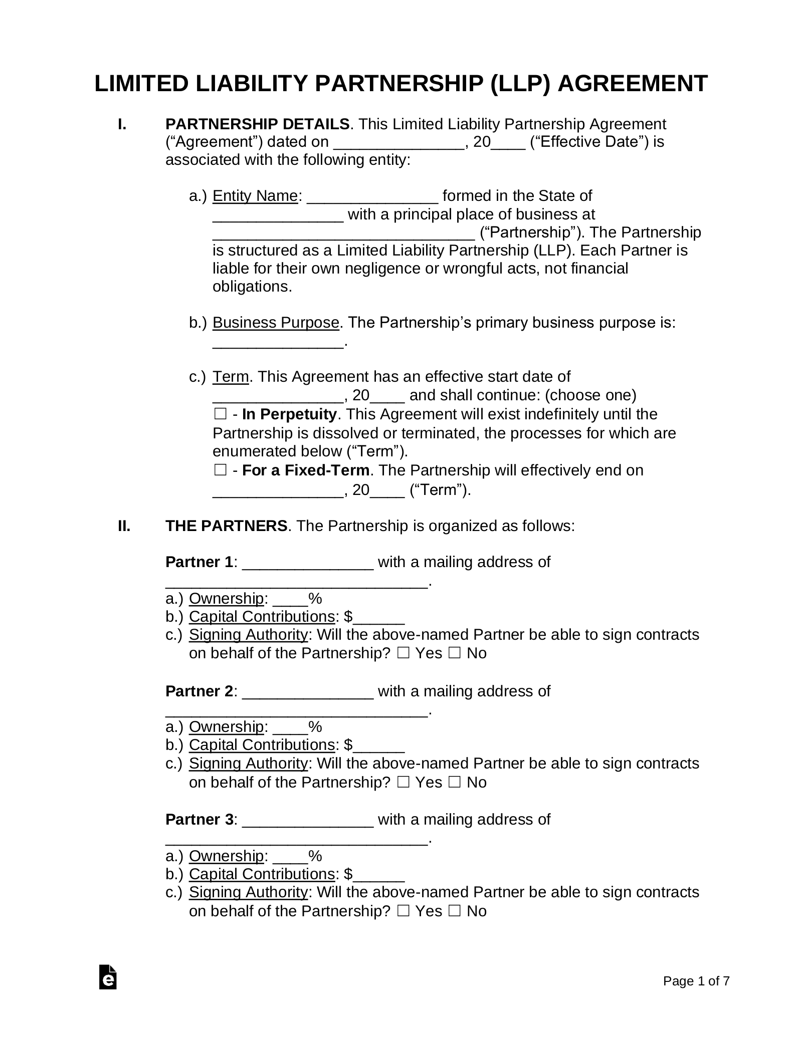Free Limited Liability Partnership LLP Agreement Template PDF 