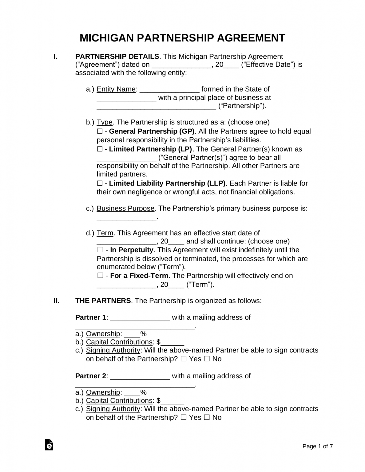 Free Michigan Partnership Agreement Template - PDF | Word – eForms