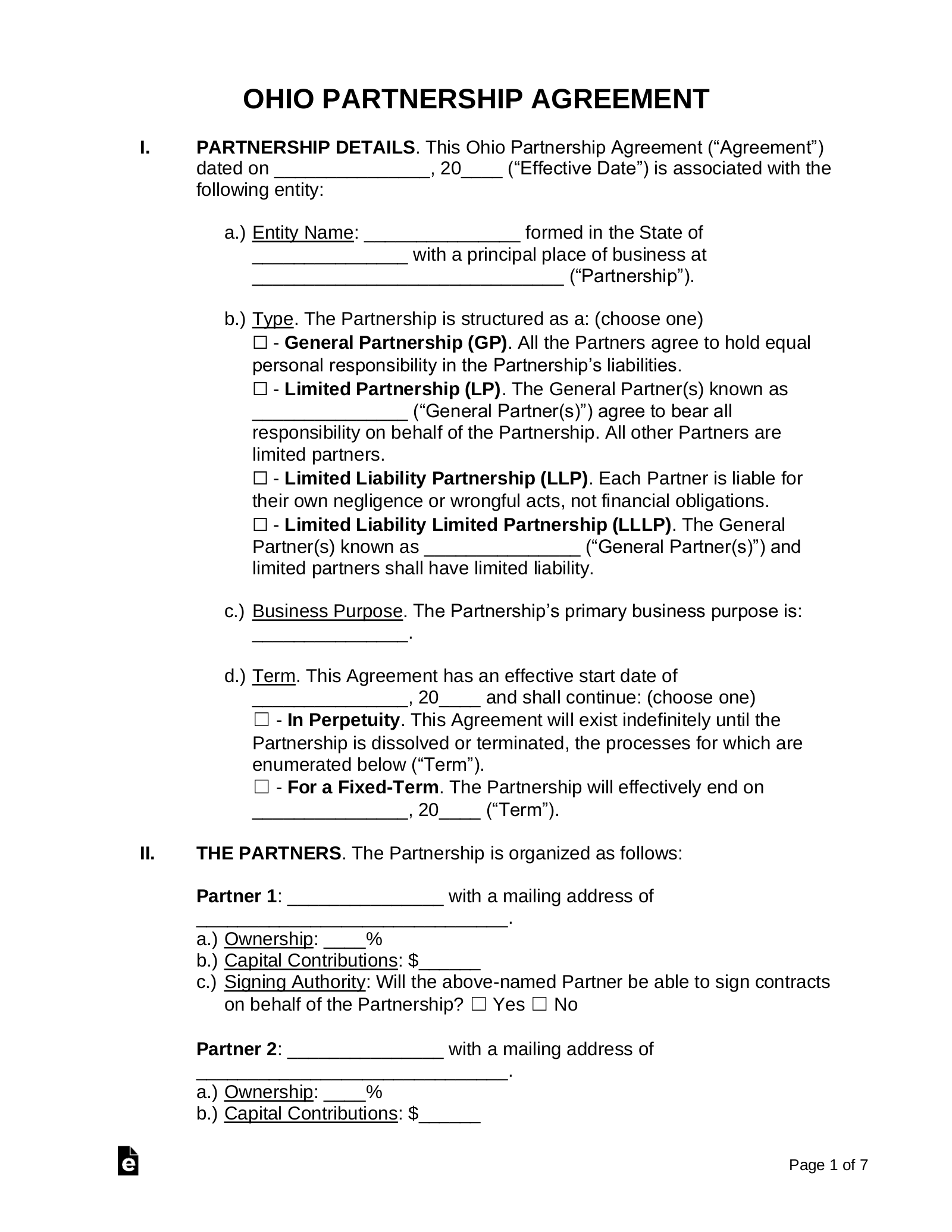 Free Ohio Partnership Agreement Template PDF Word EForms