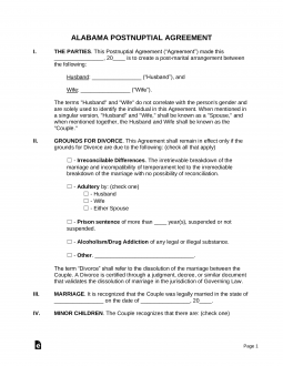 Alabama Postnuptial Agreement Form