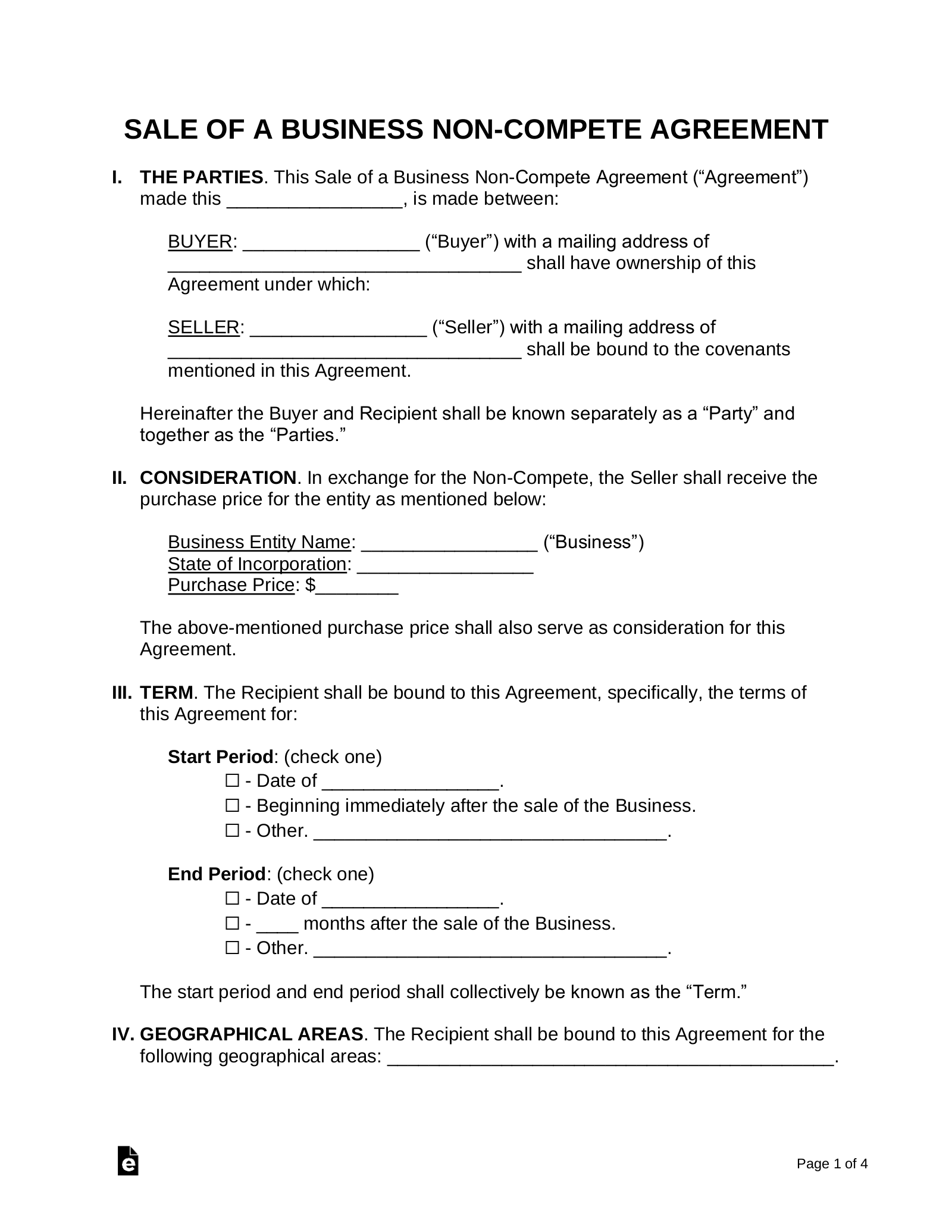 Free Sale Of A Business Non Compete Agreement PDF Word EForms   Sale Of A Business Non Compete Agreement 